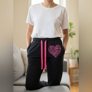 Joe Boxer Black Sweatpants Joggers with Pink Zebra Heart – Size Large